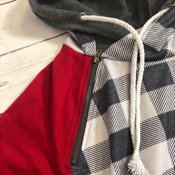 Black White Grey Red Plaid Double Hooded Hoodie - Picture 2 of 8
